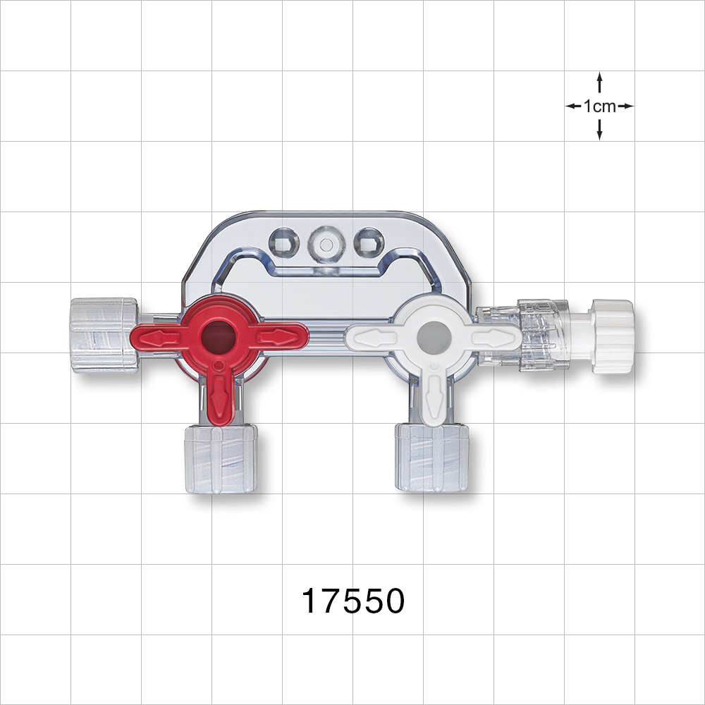 2-Gang Stopcock Manifold, 3 Female Luer Locks, Male Luer with Spin Lock, Non-Vented Caps