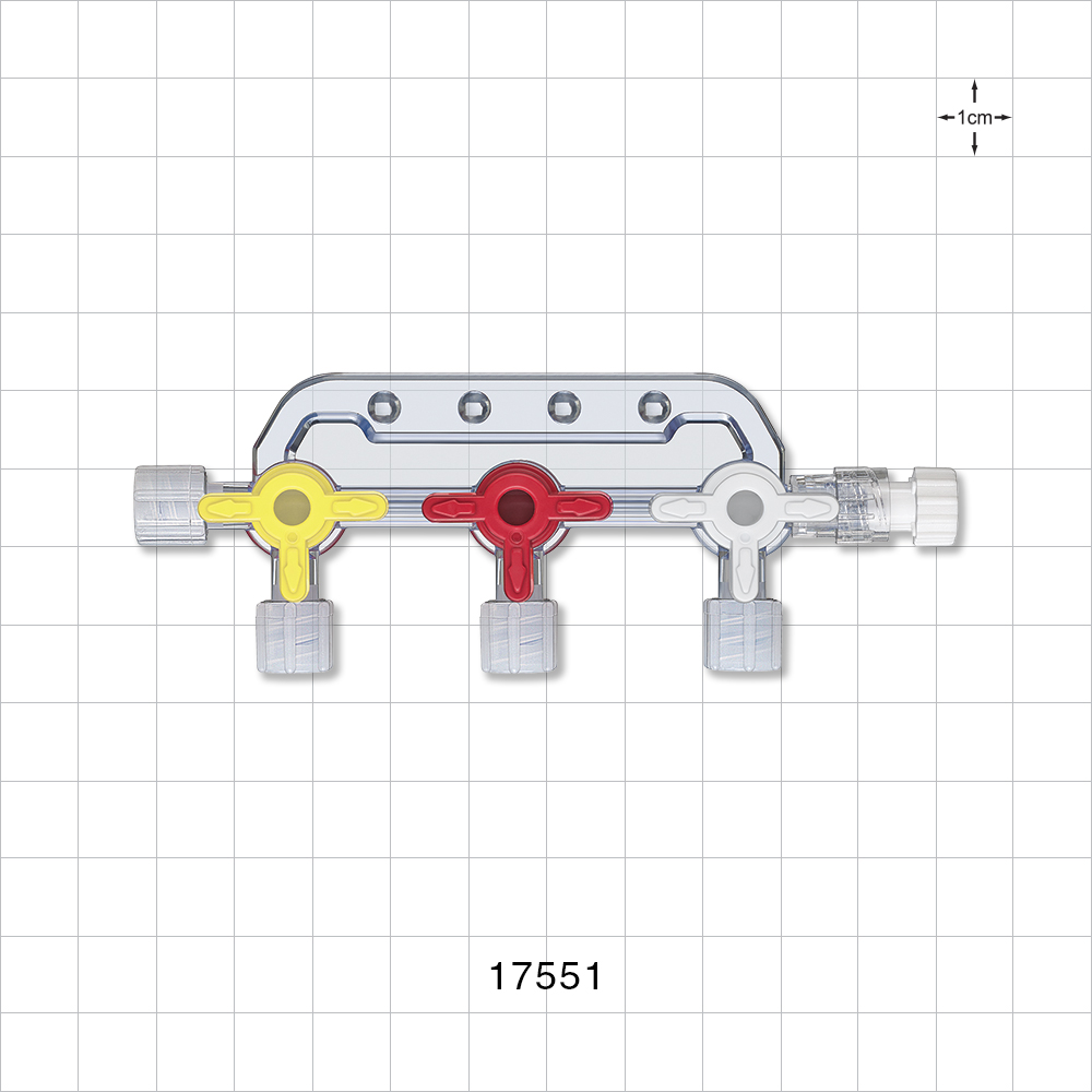 3-Gang Stopcock Manifold, 4 Female Luer Locks, Male Luer with Spin Lock, Non-Vented Caps