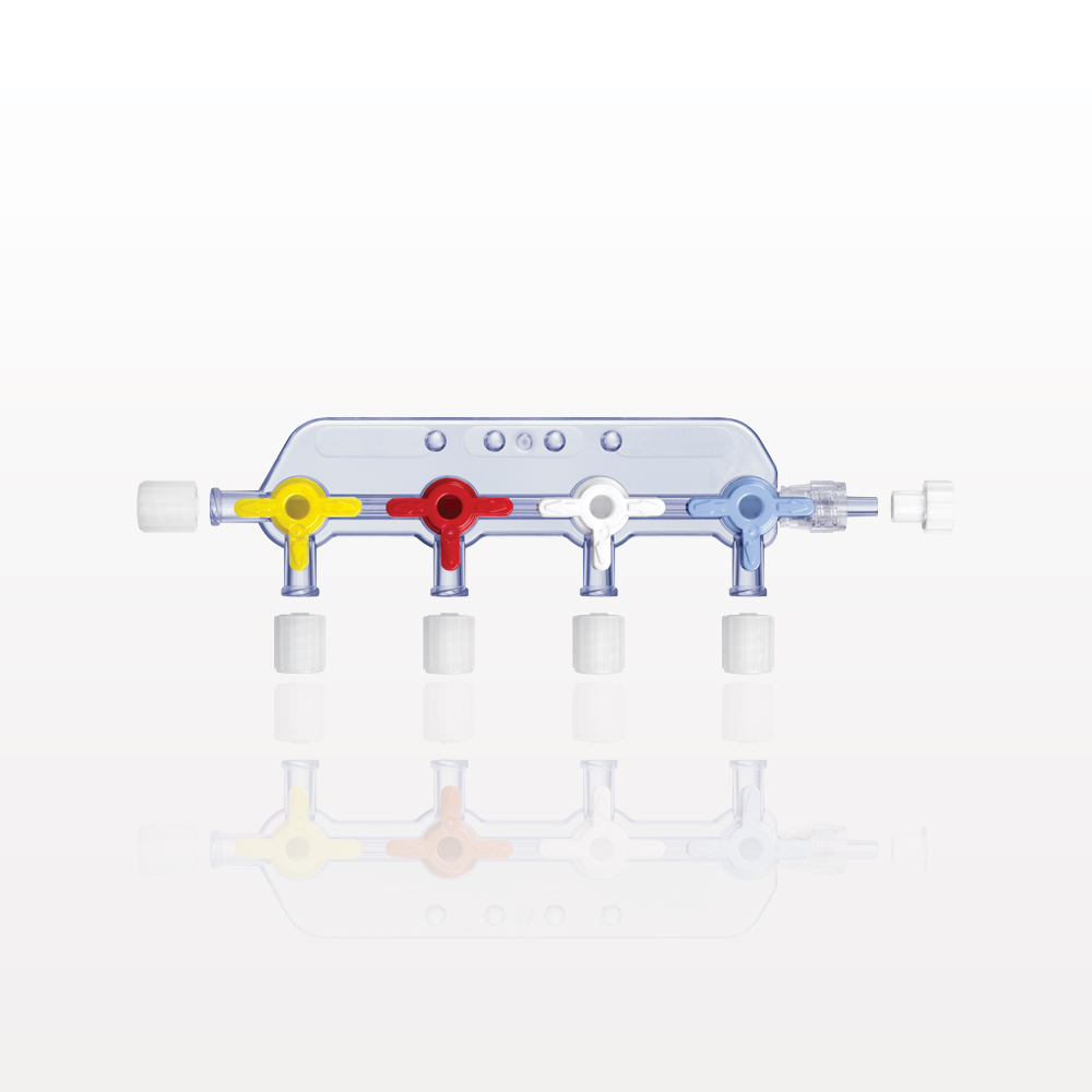 4-Gang Stopcock Manifold, 5 Female Luer Locks, Male Luer with Spin Lock, Non-Vented Caps