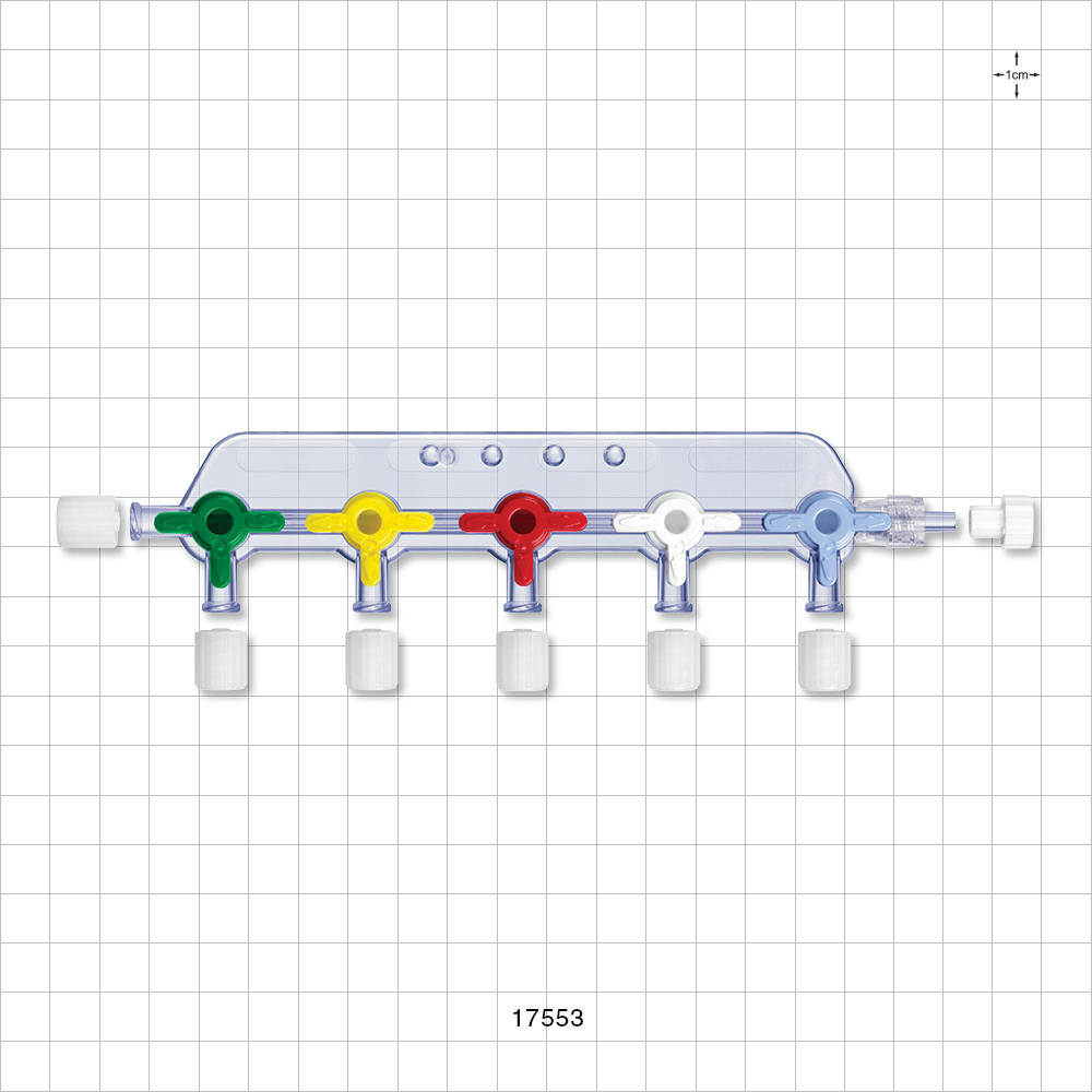 5-Gang Stopcock Manifold, 6 Female Luer Locks, Male Luer with Spin Lock, Non-Vented Caps