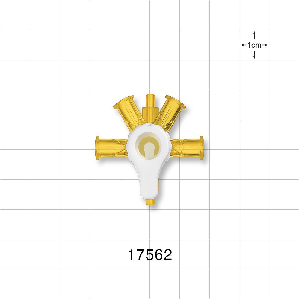 RondelO™ 4-Way Stopcock Manifold with 4 Female Luer Locks, Tubing Ports, Yellow