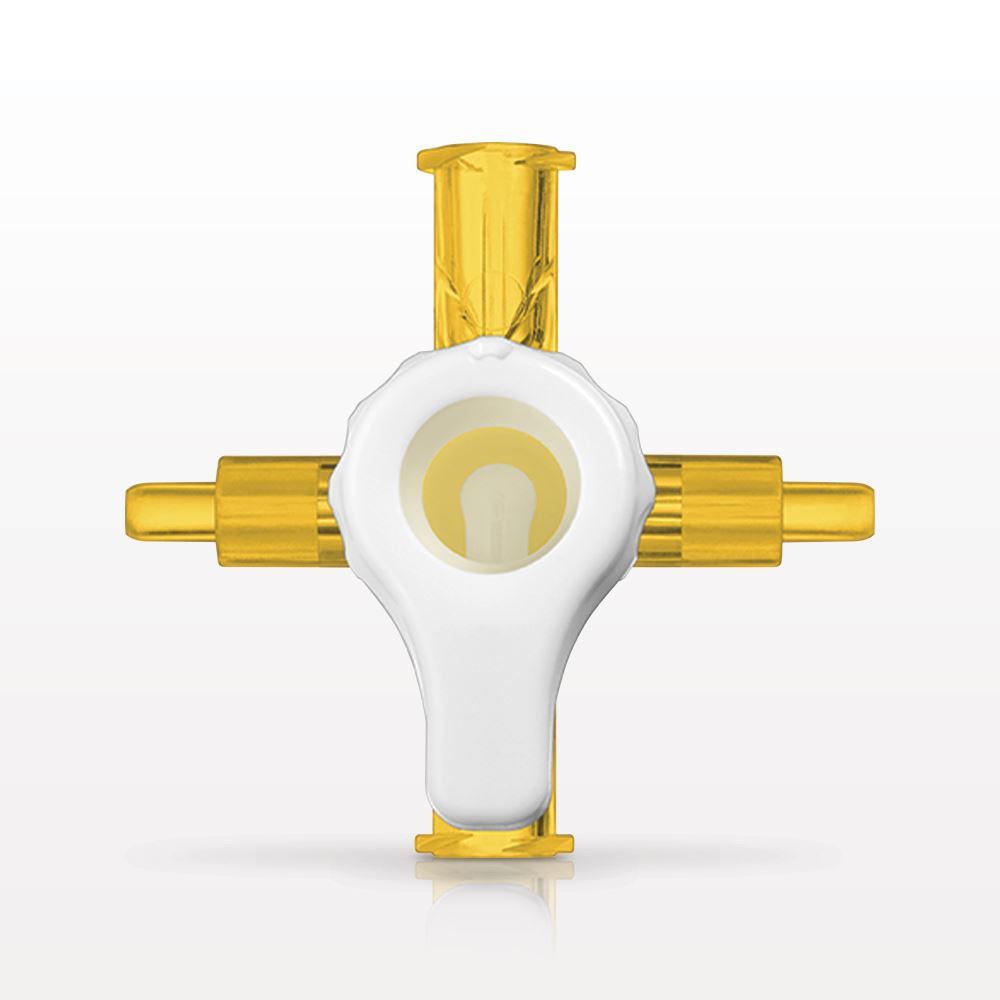 RondelO™ 2-Way Stopcock Manifold with 2 Female Luer Locks, Tubing Ports, Yellow