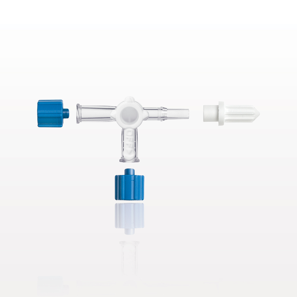 3-Way Stopcock, 2 Female Luer Locks, Male Luer Slip, Vented Female and Non-Vented Male Caps