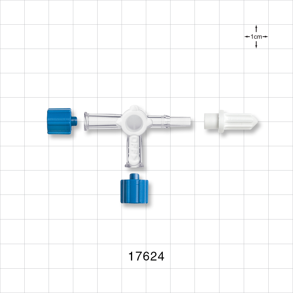 3-Way Stopcock, 2 Female Luer Locks, Male Luer Slip, Vented Female and Non-Vented Male Caps