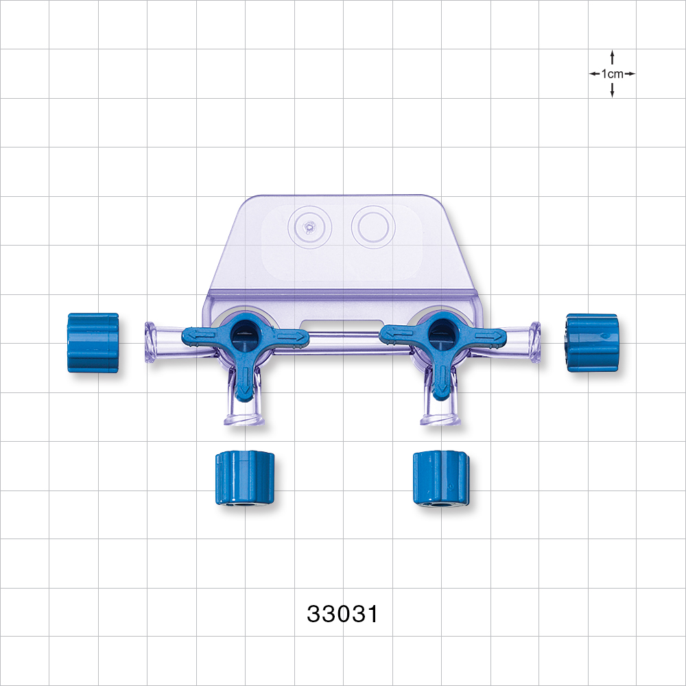 2-Gang Stopcock Manifold, 4 Female Luer Locks, Non-Vented Caps