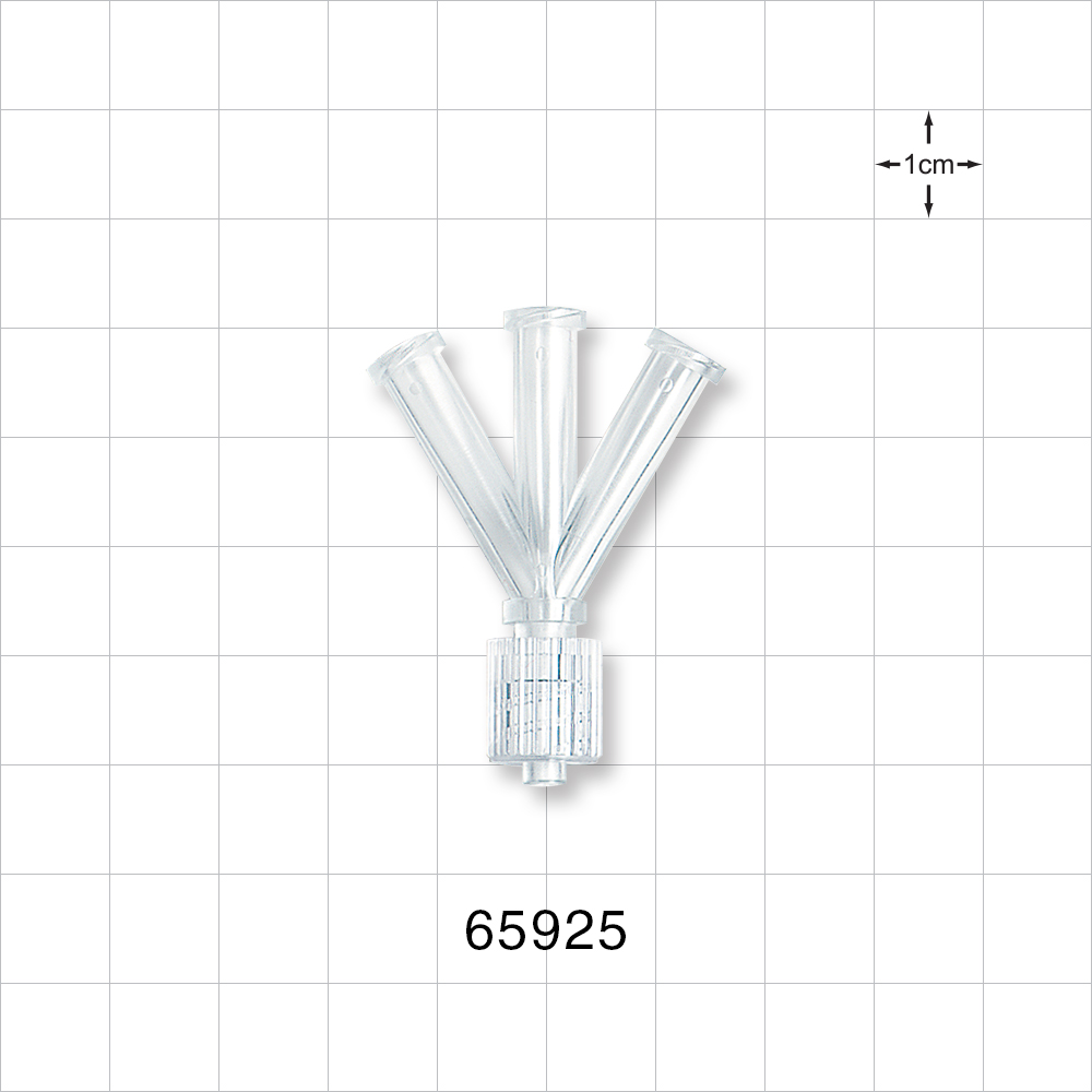 Y Connector, 4-Way, 3 Female Luer Locks, Male Luer w/Spin Lock, Clear